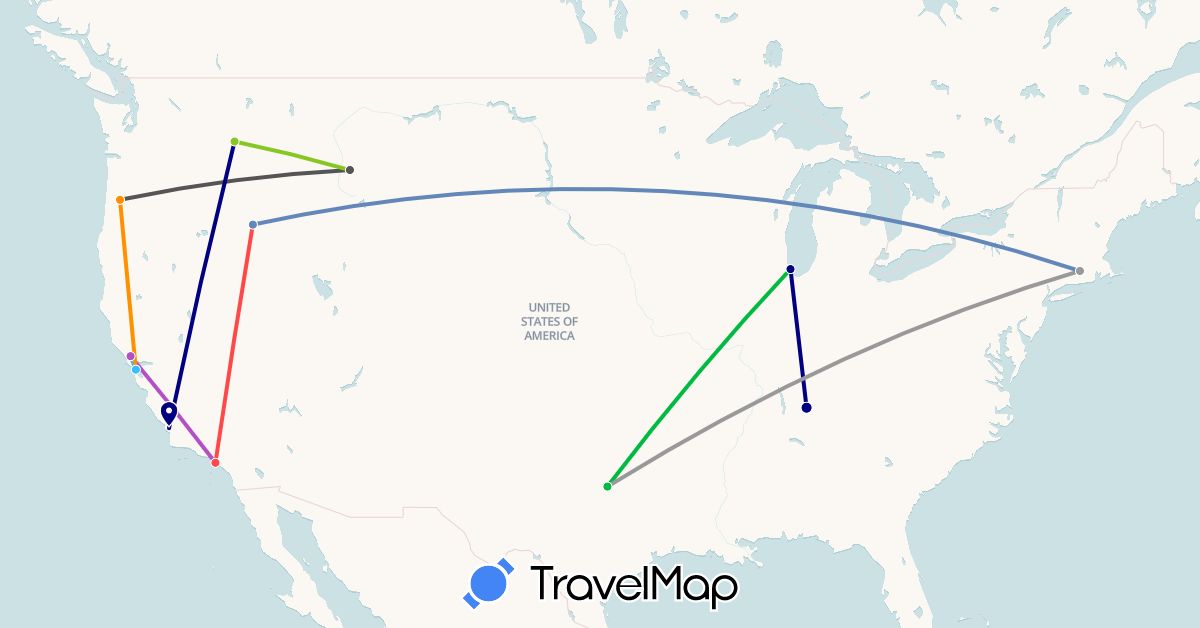 TravelMap itinerary: driving, bus, plane, cycling, train, hiking, boat, hitchhiking, motorbike, electric vehicle in United States (North America)